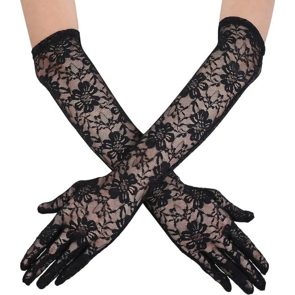 Women's Black Floral Long Lace Gloves Wedding Dance Stretchy Elbow Length